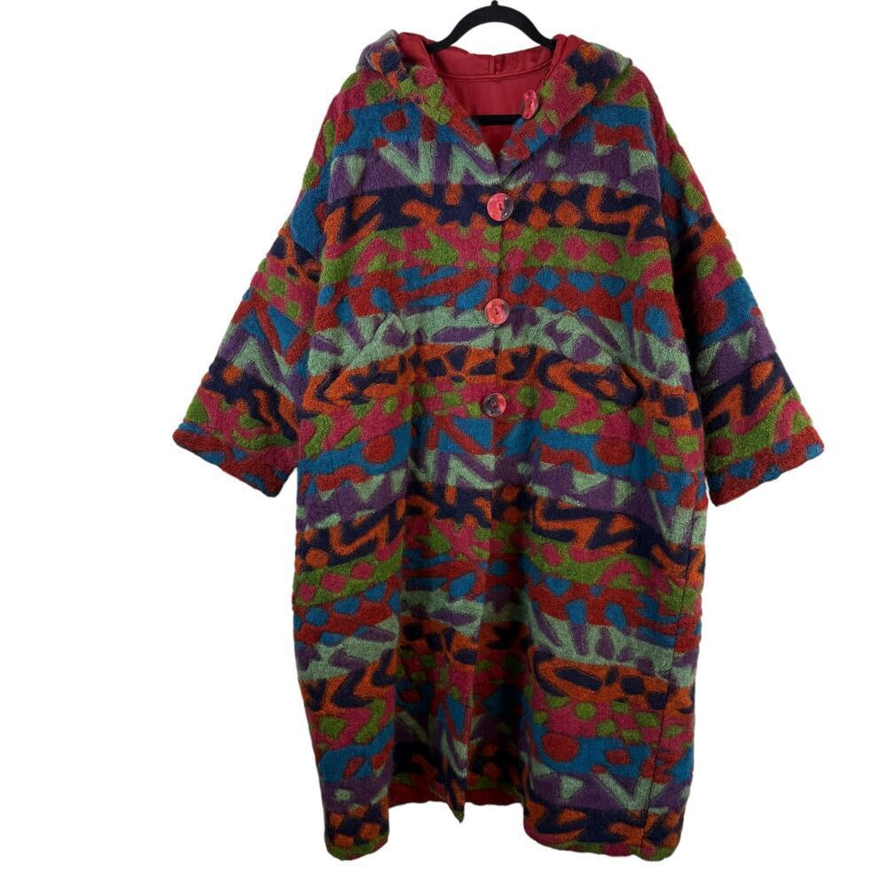 Missoni Abstract Mohair Blend Oversized Hooded Coat Italy Boho Chic Vintage Sz S